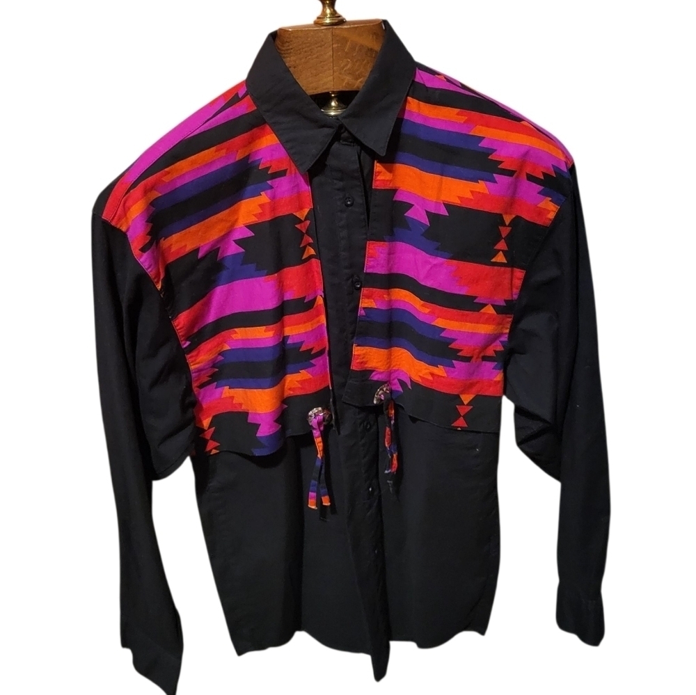 Vintage Wrangler Western Wear Black AztecRodeo Button Down Shirt Size XLarge